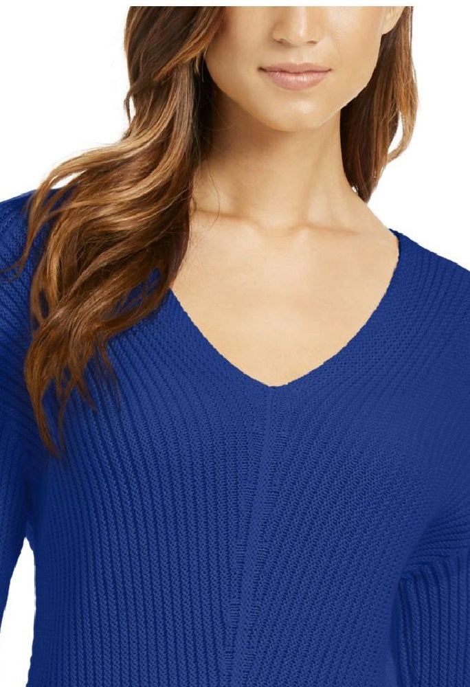 Charter Club Women's Textured Ribbed Long Sleeve V Neck Sweater Blue Size Petite Small
