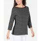 Karen Scott Women's Cotton Striped Vented-Hem Top Black  Size X-Small