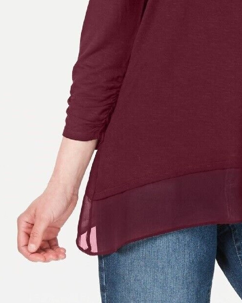 Style & Co Women's V Neck Chiffon Hem Top Red wine Size Small