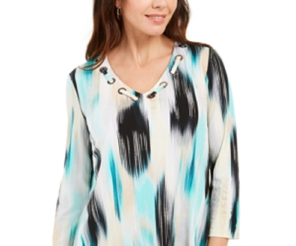 JM Collection Women's Printed Grommet Neck Top  Green  Size Small