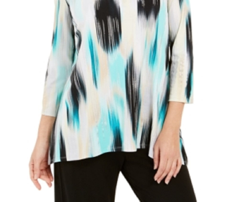 JM Collection Women's Printed Grommet Neck Top  Green  Size Small