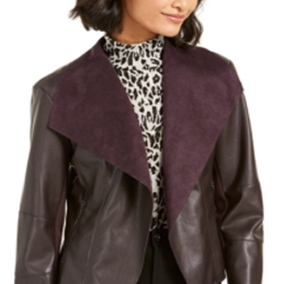 Bar III Women's Faux Leather Winter Moto Coat Purple Size X-Small
