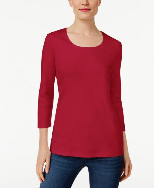 Karen Scott Women's Petite Cotton Scoop-Neck Top Red Size Petite L
