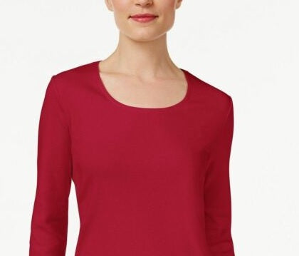 Karen Scott Women's Petite Cotton Scoop-Neck Top Red Size Petite L