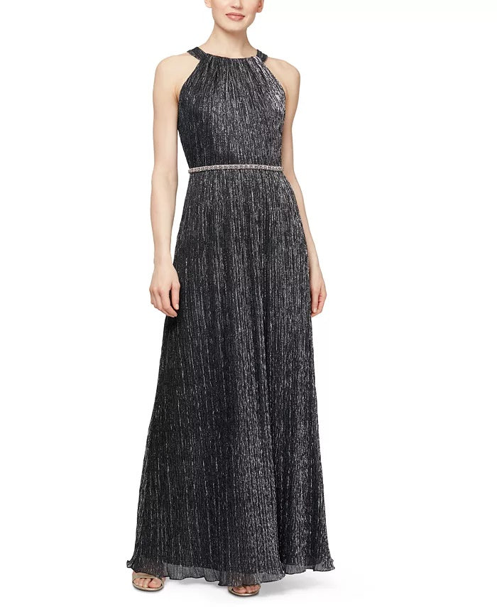 SL Fashions Women's Metallic Bead Maxi Dress Silver Size 6