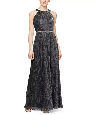 SL Fashions Women's Metallic Bead Maxi Dress Silver Size 6