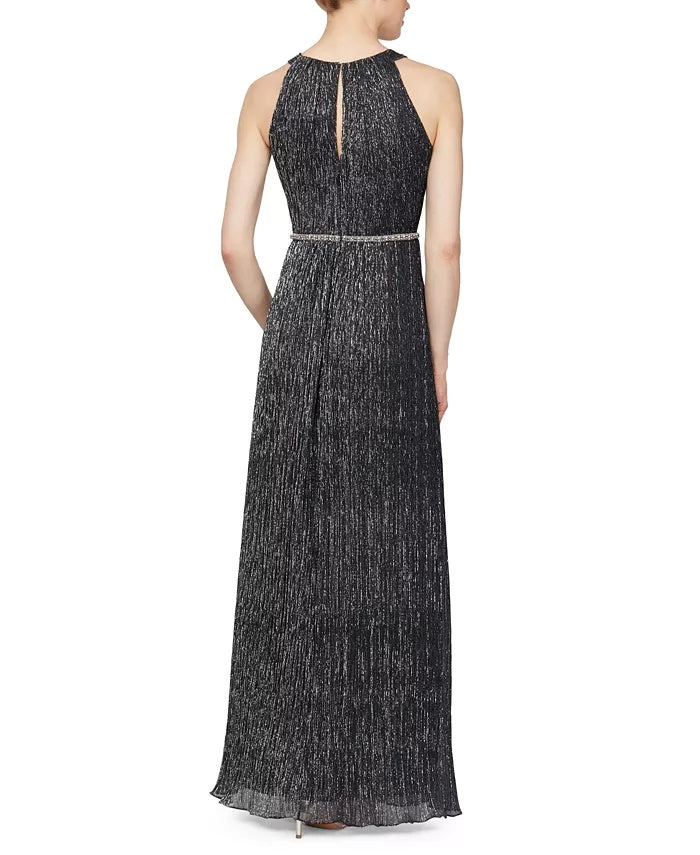 SL Fashions Women's Metallic Bead Maxi Dress Silver Size 6