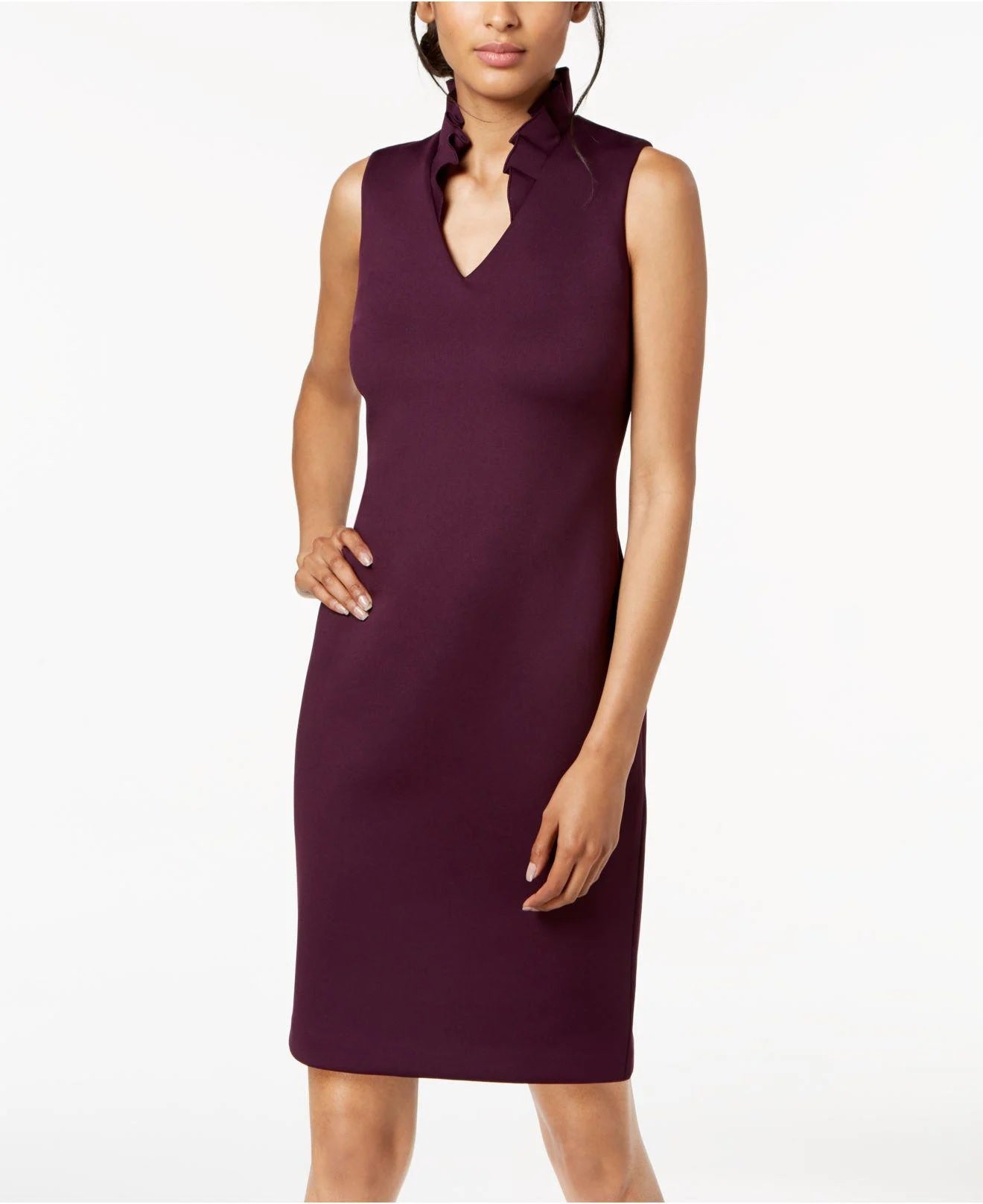 Calvin Klein Women's Ruffled Collar Scuba Sheath Dress Purple Size 8