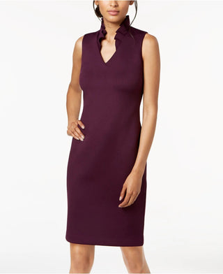 Calvin Klein Women's Ruffled Collar Scuba Sheath Dress Purple Size 8