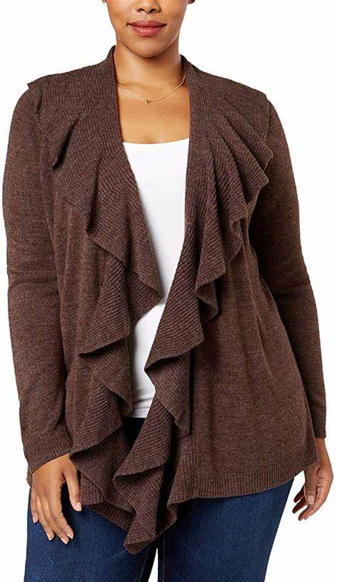 Karen Scott Women's Ruffle-Front Cardigan Dark Brown Size Small