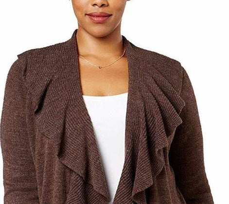 Karen Scott Women's Ruffle-Front Cardigan Dark Brown Size Small