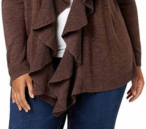 Karen Scott Women's Ruffle-Front Cardigan Dark Brown Size Small