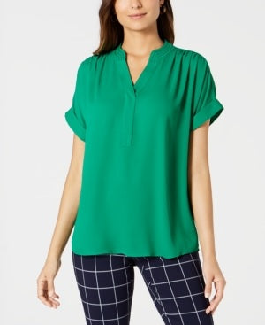 Charter Club Women's Split Neck Short Sleeve Top Killala Green Size Petite Small