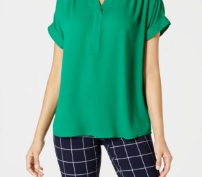 Charter Club Women's Split Neck Short Sleeve Top Killala Green Size Petite Small