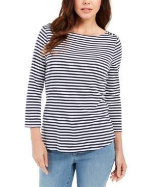 Charter Club Women's 3/4 Sleeve Striped Top  White/Navy Size Small
