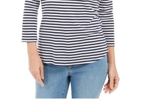 Charter Club Women's 3/4 Sleeve Striped Top  White/Navy Size Small