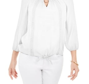 JM Collection Women's Crochet Trim Tie Top White Size Medium
