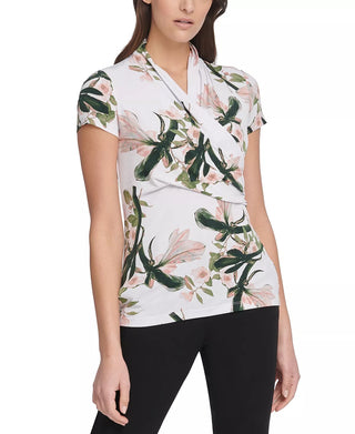 DKNY Women's Floral-Print Ruched Top White Size X-Large