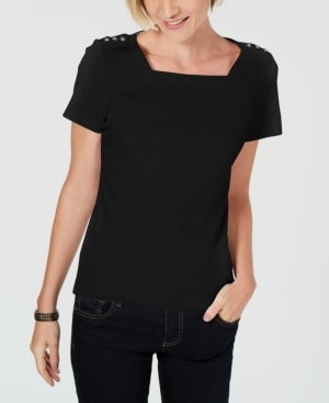 Karen Scott Women's Petite Square-Neck T-Shirt Black Size Medium