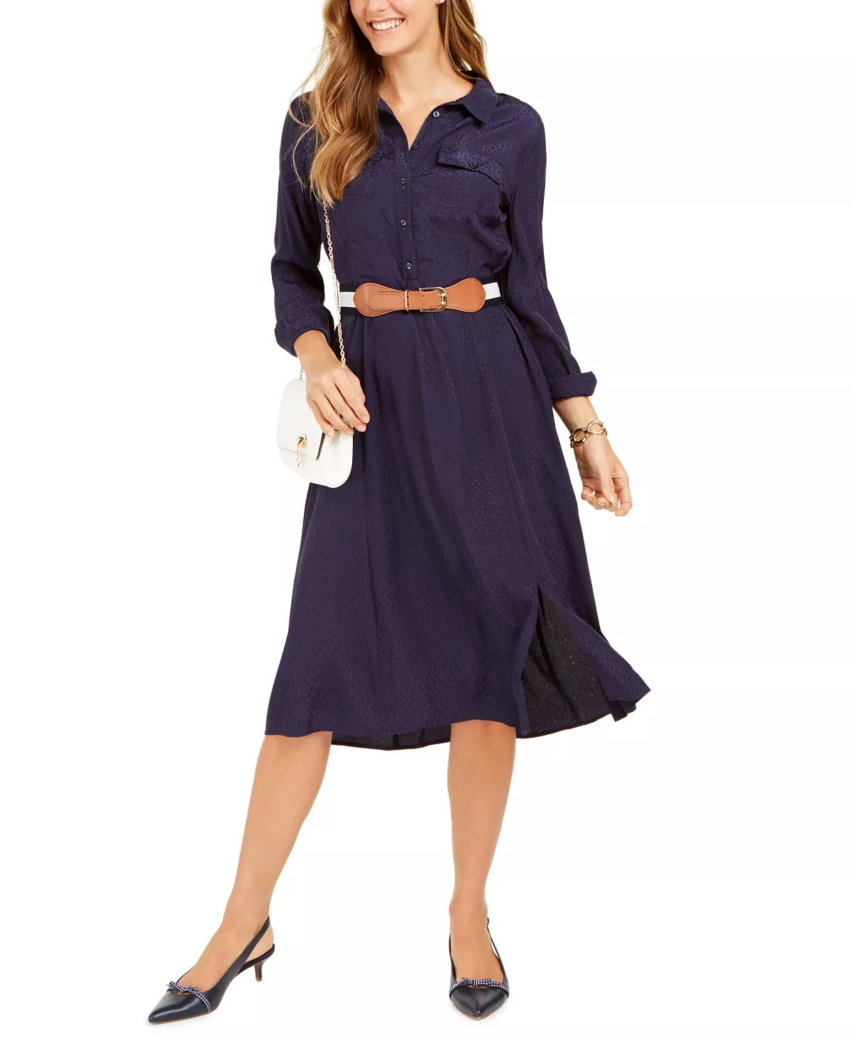 Charter Club Women's Jacquard Dot Button-Front Belted Dress Blue Size Large