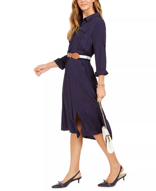 Charter Club Women's Jacquard Dot Button-Front Belted Dress Blue Size Large