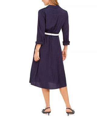 Charter Club Women's Jacquard Dot Button-Front Belted Dress Blue Size Large
