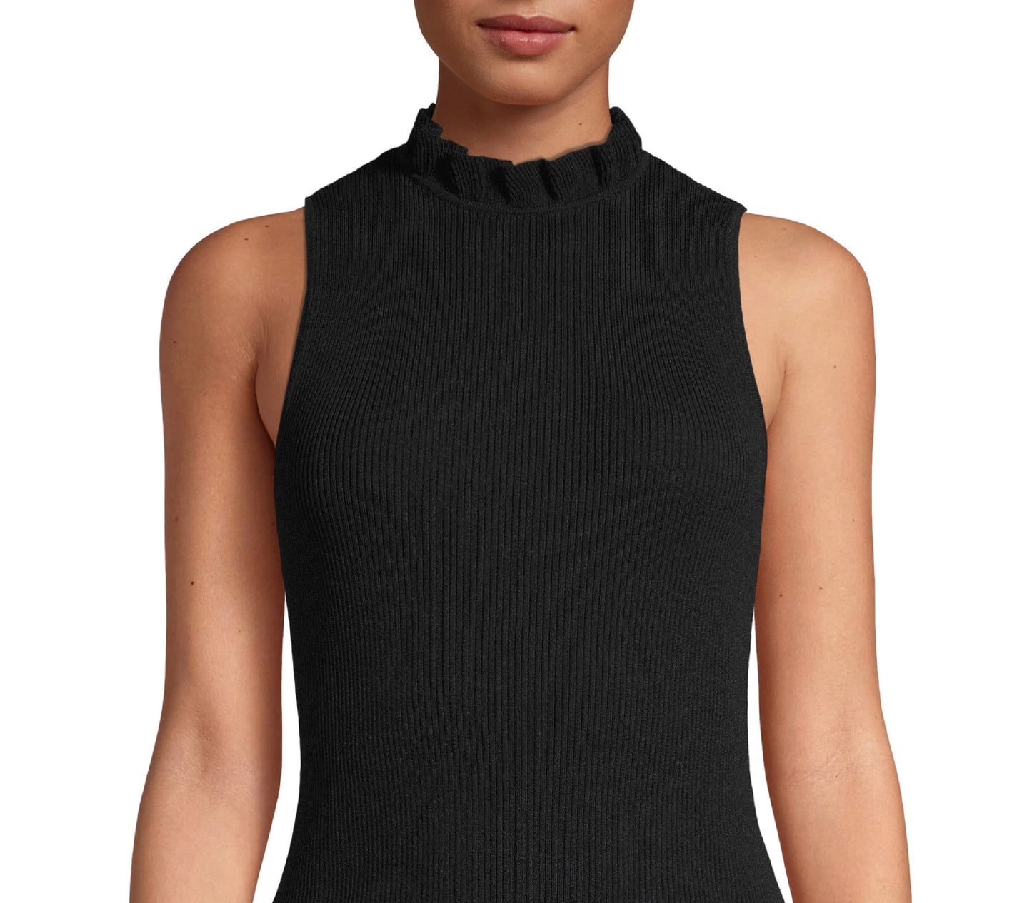 Anne Klein Women's Ribbed Ruffled Neck Top Black Size XS