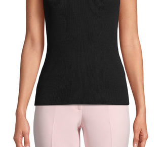 Anne Klein Women's Ribbed Ruffled Neck Top Black Size XS