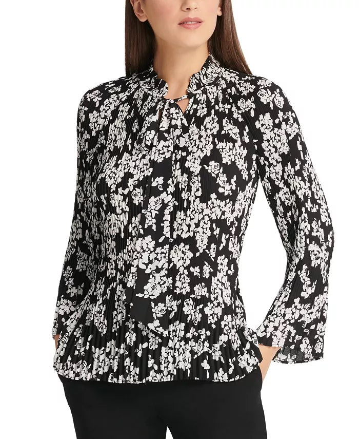 DKNY Women's Floral-Printed Pleated Top Charcoal Size X-Large