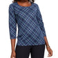 Karen Scott Women's Embellished Plaid 3/4 Sleeve Top Blue Size X-Small