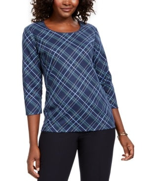 Karen Scott Women's Embellished Plaid 3/4 Sleeve Top Blue Size X-Small