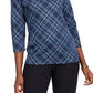 Karen Scott Women's Embellished Plaid 3/4 Sleeve Top Blue Size X-Small