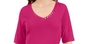 Karen Scott Women's Button Detail V Neck Top Pink Size Small