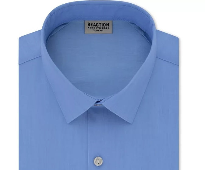 Kenneth Cole Reaction Men's Slim Fit All Day Flex Performance Stretch Solid Dress Shirt Blue Size 15.5X34X35