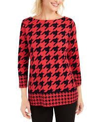 Charter Club Women's Houndstooth 3/4 Sleeve Top Red -Size Medium