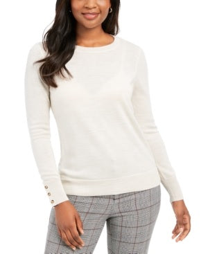 Charter Club Women's Merino Wool Button Cuff Crewneck Sweater Ivory Size Small