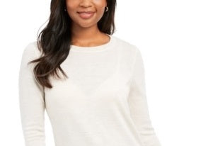 Charter Club Women's Merino Wool Button Cuff Crewneck Sweater Ivory Size Small