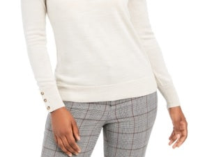 Charter Club Women's Merino Wool Button Cuff Crewneck Sweater Ivory Size Small