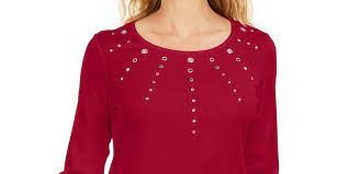 Karen Scott Women's Cotton Grommet Hardware Top Red Size PP