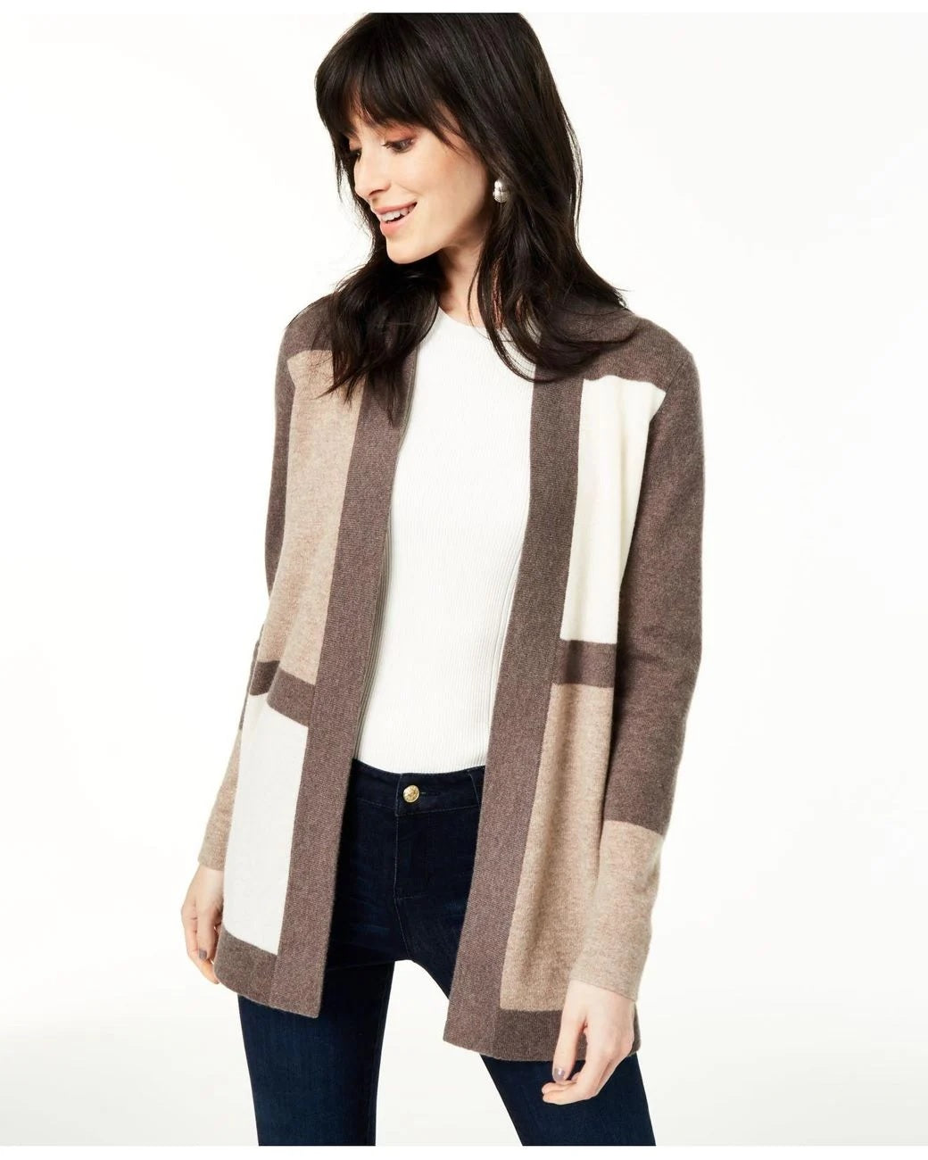 Charter Club Women's Colorblocked Pure Cashmere Cardigan Brown/White Size Large