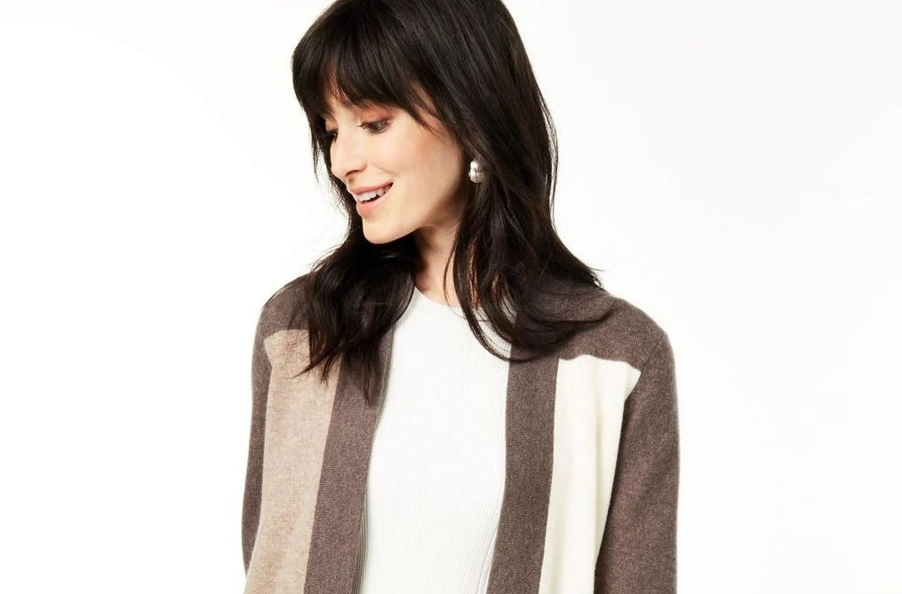 Charter Club Women's Colorblocked Pure Cashmere Cardigan Brown/White Size Large