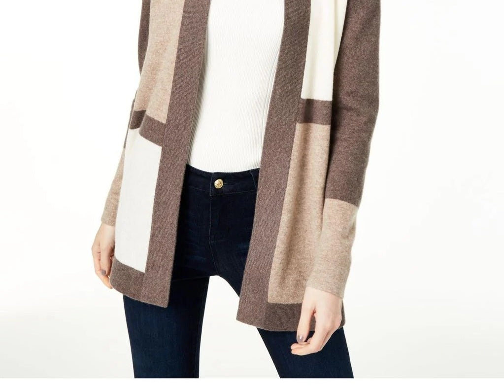 Charter Club Women's Colorblocked Pure Cashmere Cardigan Brown/White Size Large