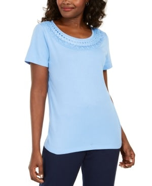 Karen Scott Women's Cotton Crochet Trim T-Shirt Blue Size Medium