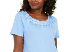 Karen Scott Women's Cotton Crochet Trim T-Shirt Blue Size Medium