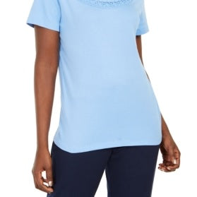 Karen Scott Women's Cotton Crochet Trim T-Shirt Blue Size Medium