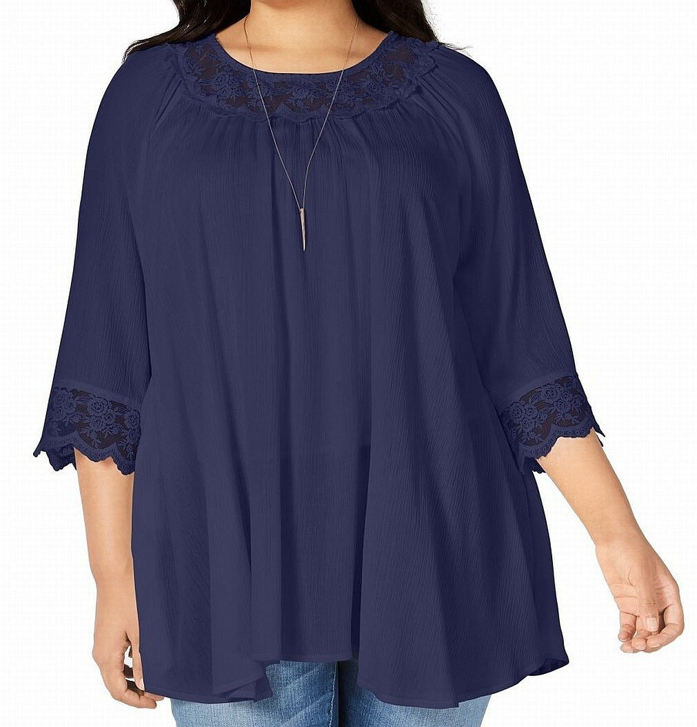 NY Collection Women's Plus Knit Embroidered Mesh Top Blue Size 1X