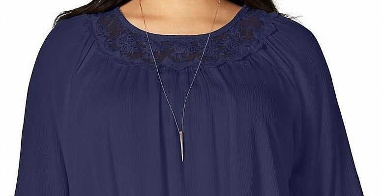 NY Collection Women's Plus Knit Embroidered Mesh Top Blue Size 1X
