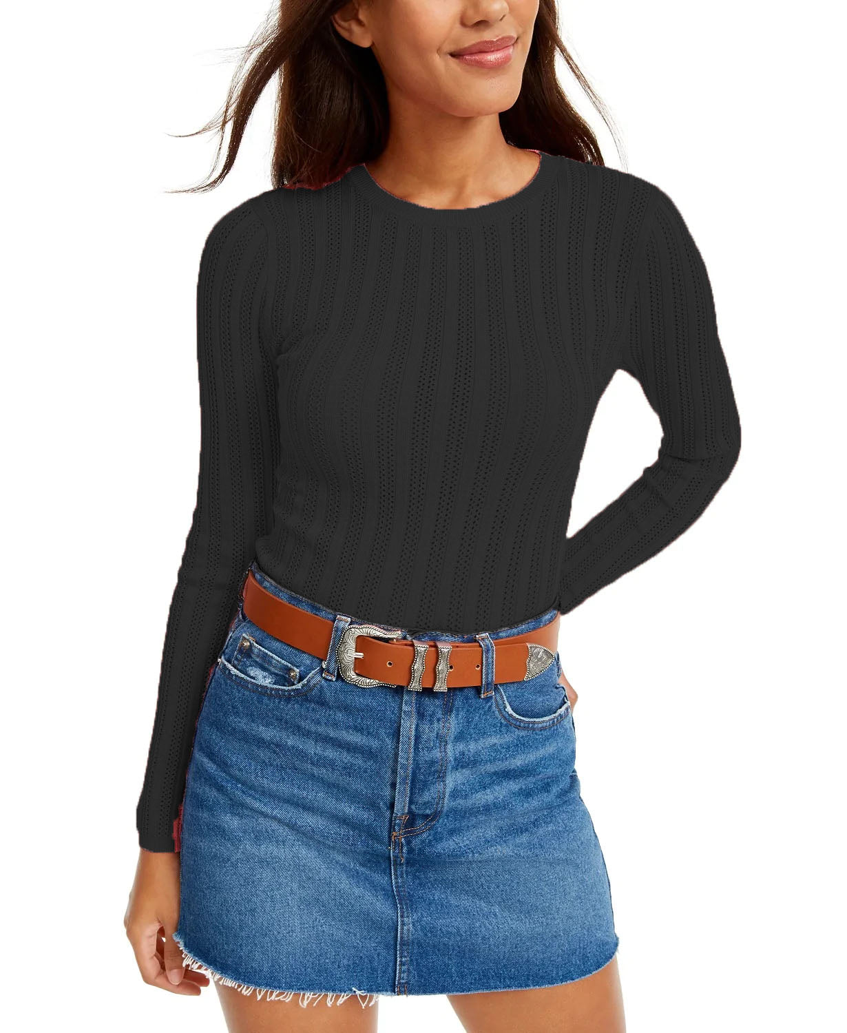 Hooked Up By IOT Junior's Pointelle Sweater Black Size Small