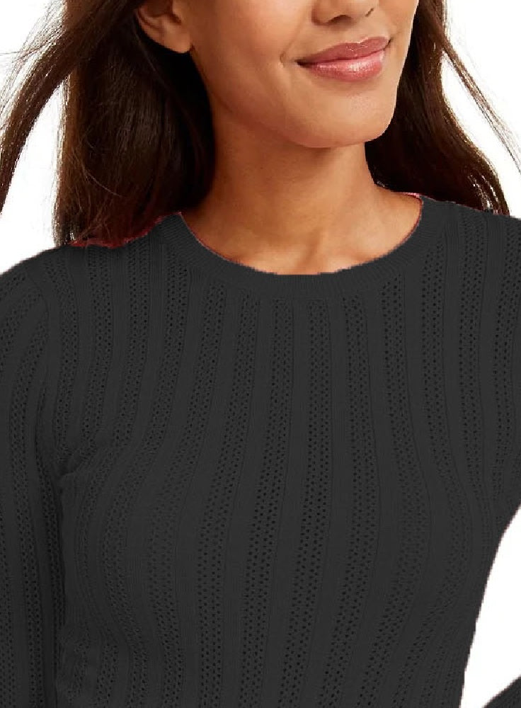 Hooked Up By IOT Junior's Pointelle Sweater Black Size Small