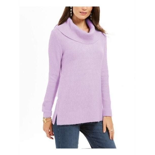 Style & Co Women's Textured Heather Long Sleeve Cowl Neck Sweater Purple Size Petite Large